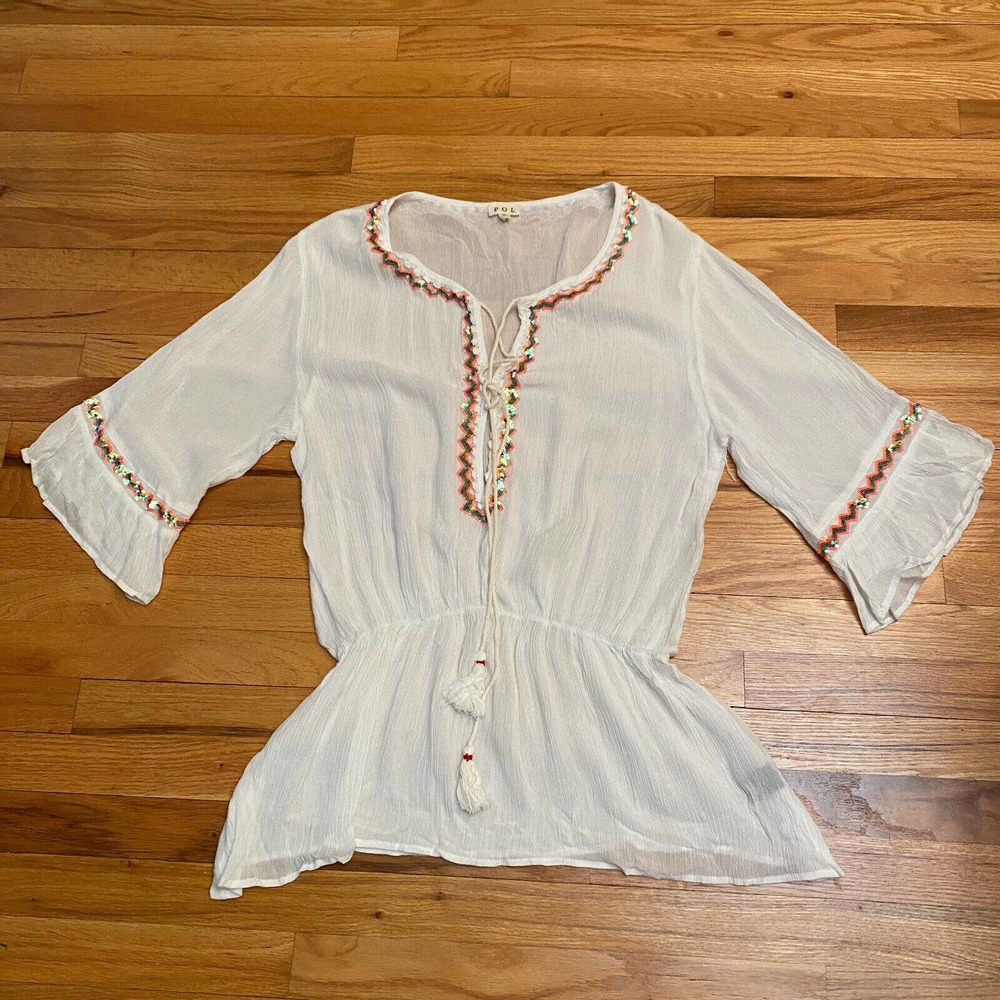 POL Sz S Peasant Top 3/4 Sleeve Sequin Tassel Romantic Cottagecore White Sheer